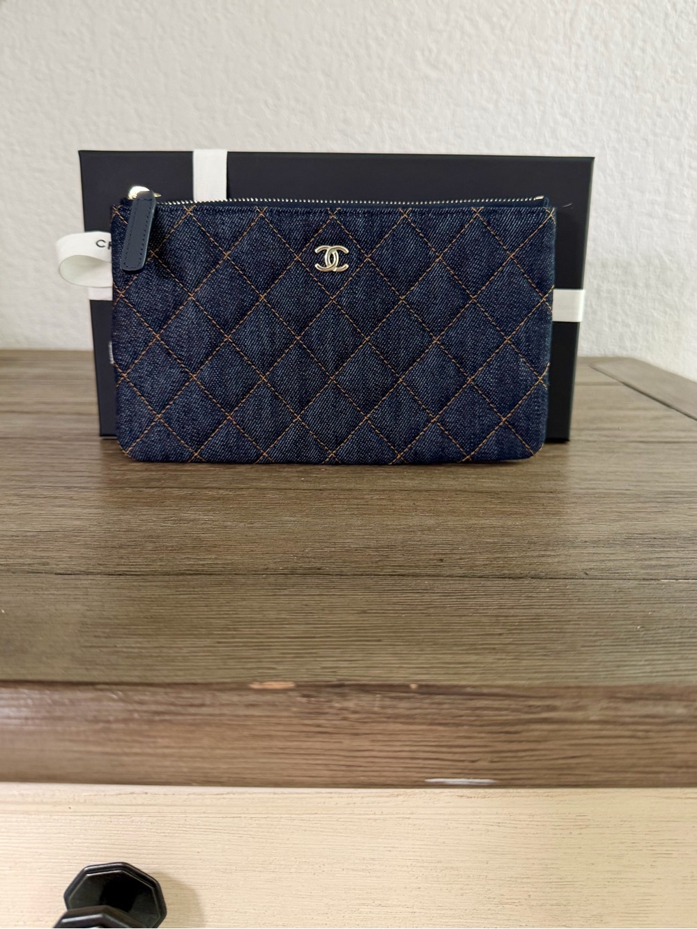 BRAND NEW CHANEL Dark Denim Quilted Zip Pouch with Gold CC